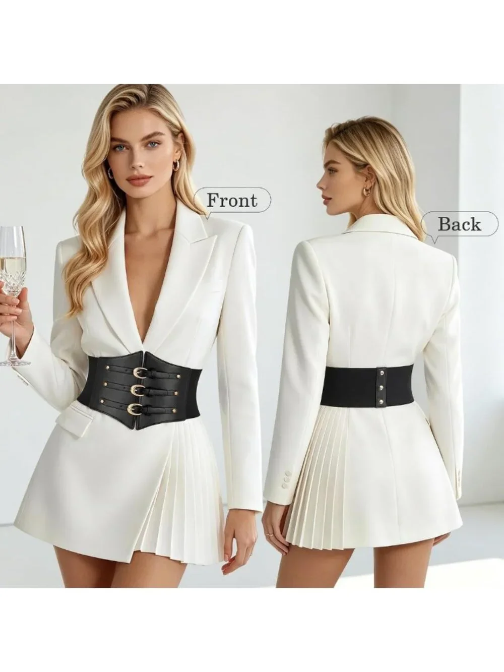 Wide Elastic Corset Belt for Women | Underbust PU Leather Waist Belt with Gold